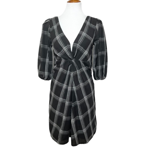 Free People Black Plaid V Neck Balloon Sleeve A Line Pleated Mini Shirtdress - Picture 2 of 14